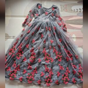 Gray Dress with Pink Floral Embroidery